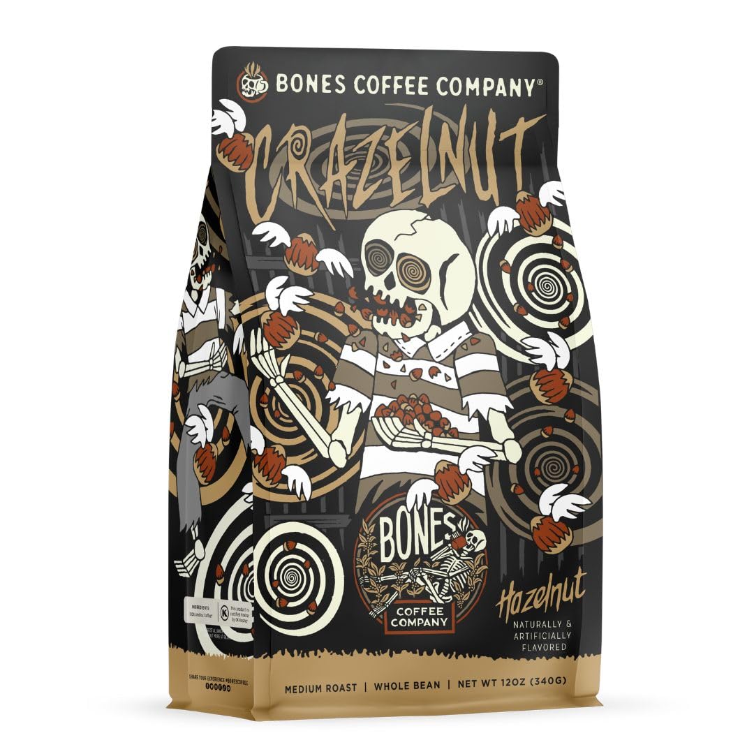 Bones Coffee Company Crazelnut, Hazelnut Flavored Coffee, Medium Roast Low Acid Arabica Beans Compatible with Auto drip and French Press Coffee Maker, 12 Oz Whole Bean