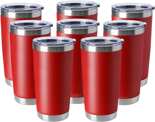 HASLE OUTFITTERS 20oz Tumblers Stainless Steel Mugs with Lid Double Wall Vacuum Insulated Coffee Cups for Cold & Hot Drinks (20oz-Red, 8 Pack)