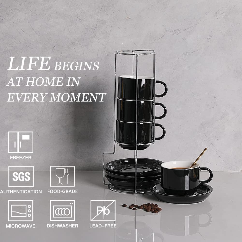 Sweejar Porcelain Cappuccino Cups with Saucers and Metal Stand, 8 Ounce Stackable Espresso Cups for Specialty Coffee Drinks, Latte, Americano, Tea - Set of 4 (Black)
