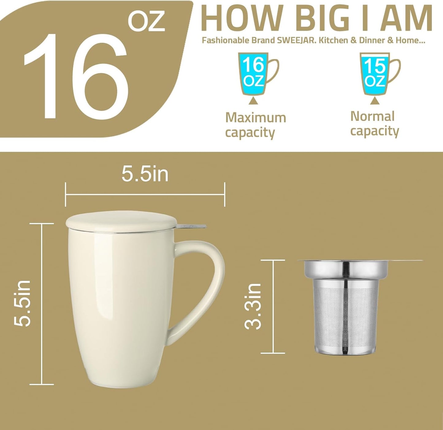 Sweejar Porcelain Tea Mug with Infuser and Lid,Teaware with Filter, Loose Leaf Tea Cup Steeper Maker, 16 Fl Oz for Tea/Coffee/Milk/Women/Office/Home/Gift (Beige)