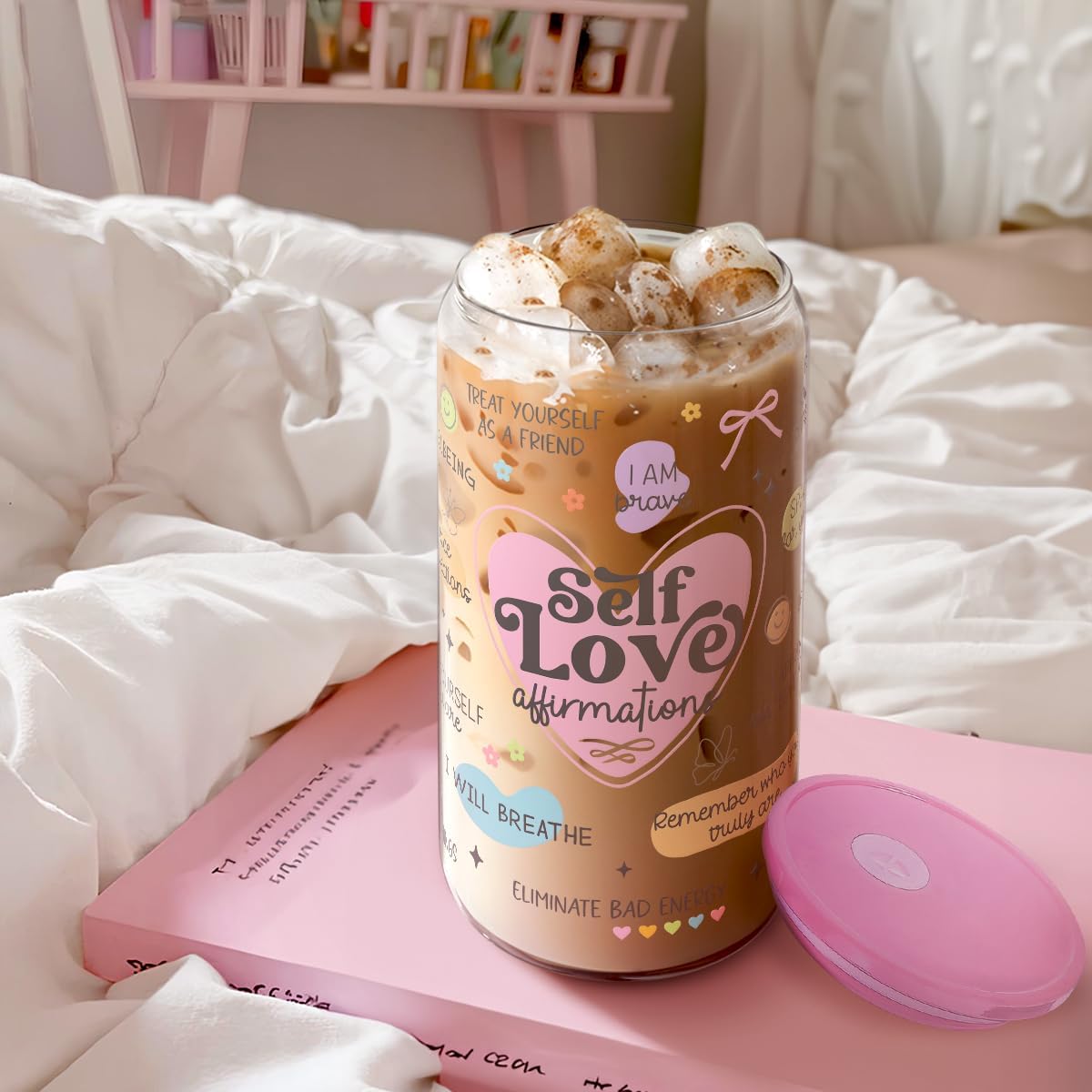 SANDJEST Inspiration Glass Can, Self Love Iced Coffee Aesthetic Cup, Gifts for Christmas Birthday, Gift for Women Girls, 16oz
