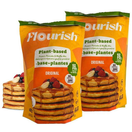 Flourish Plant-Based Protein Pancake & Waffle Mix, Gluten-Free, Dairy-Free, Nut-Free, Soy-Free, Vegan, Non-GMO, All-Natural Superfood, High Protein & Fiber, Just Add Water - Original, 430 g (2 Pack)