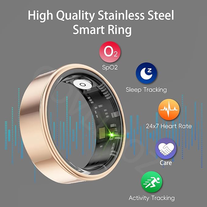 Smart Ring Health Tracker, Fitness Sleep & Heart Rate Monitor Tracker Smart Ring, Waterproof Bluetooth Fitness Tracker Ring IPX68 Waterproof (Gold, 8)