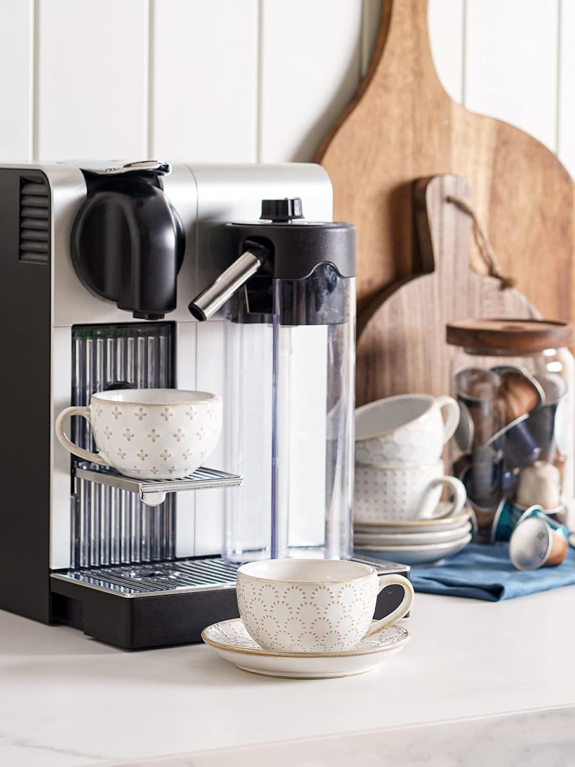 LE TAUCI Espresso Cups with Saucers 3 oz, Ceramic Embossment Coffee Cup for Double shot, Lungo, Ristretto,Dishwasher Safe - Set of 4, Arctic white