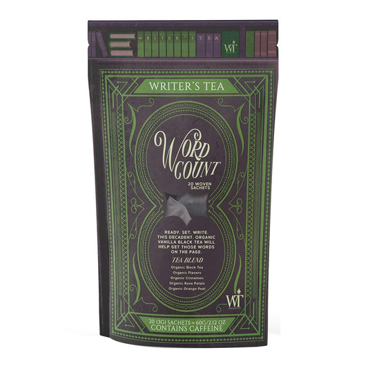 Writer's Tea Word Count - Energy Tea - Black Tea, Flavoring, Cinnamon, Rose Petals, and Orange Peel Tea Blend - Contains Caffeine - 20 Woven Sachets