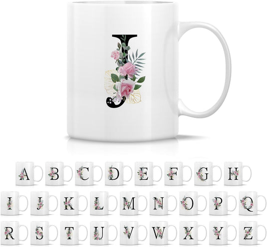 Retreez Initial A-Z Floral Botanical Bouquet Alphabet Monogrammed Monogram Mug 11 Oz Ceramic Tea Coffee Mugs - Appreciation Thank You Wedding Birthday Gifts for her friend coworker sister - J Initial