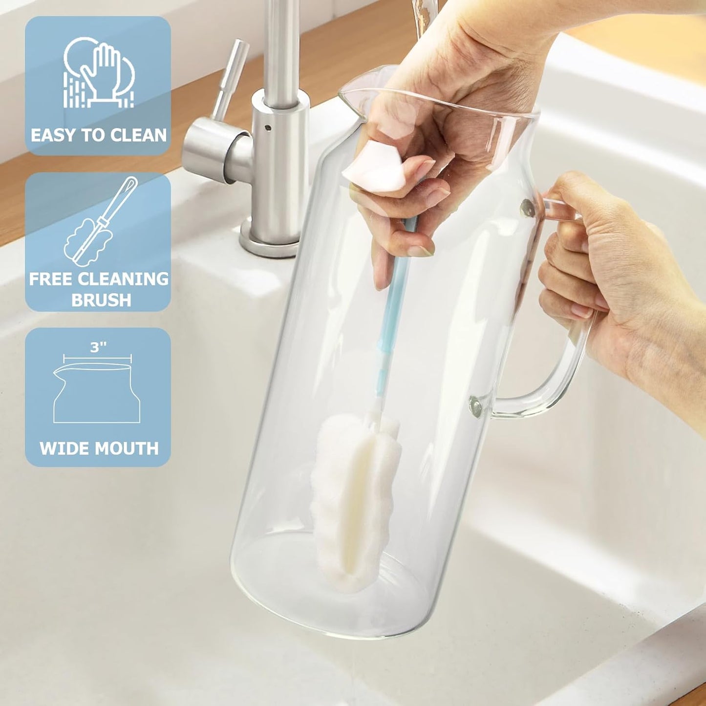 Yirilan Glass Pitcher, 2.3 Liter Water Pitcher with Lid, Beverage Pitchers for Hot, Cold Water, Iced Tea and Juice Drink with Cup Brush