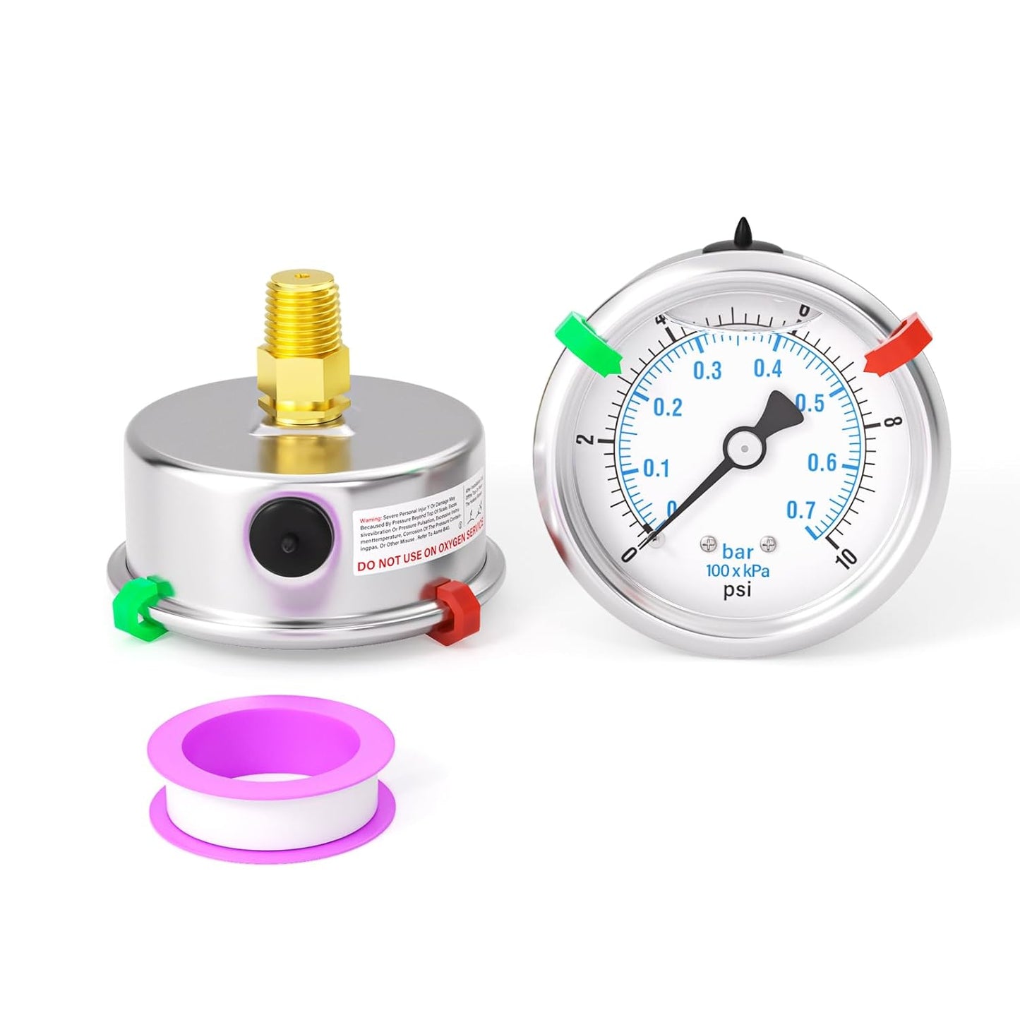 0-10PSI Stainless Steel Liquid Filled Pressure Gauge, 2.5" Dial Size, 1/4" NPT Back Mount, for Tube, Water Pump, Gas, Liquid, Pressure Test (with Range Mark Pointer)