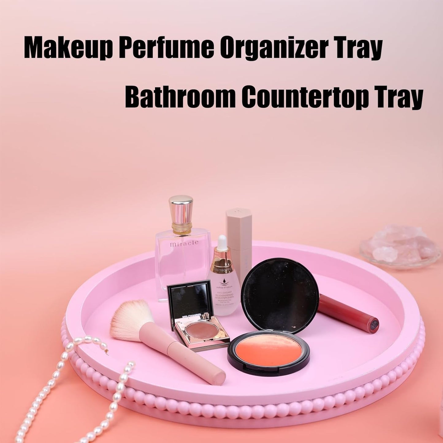 Pink Round Wood Decorative Ottoman Tray for Coffee Table Kitchen Counter, Living Room, Handcrafted Wooden Serving Tray for Table Centerpiece