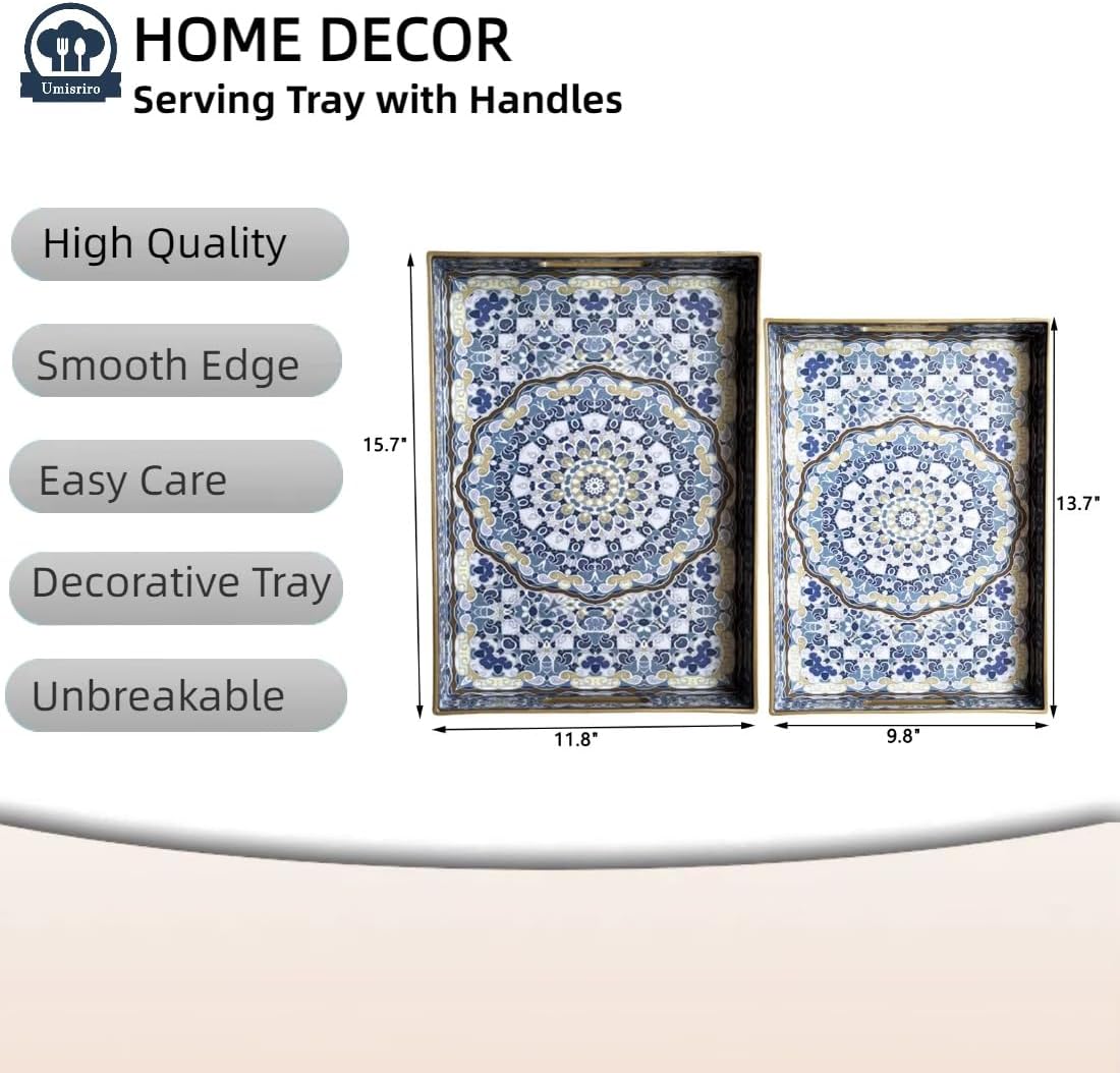 Boho Decorative Tray, Modern Blue Serving Tray with Handles, Ottoman Trays Set of 2, Plastic Coffee Table Tray for Living Room, Bathroom, Kitchen, Decor, Large 15.7”*11.8”, Small 13.7"*9.8"