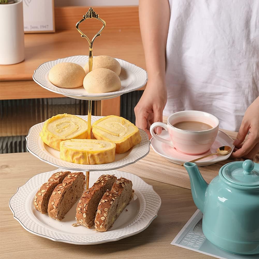 Sweejar 3 Tier Ceramic Cake Stand Wedding, Dessert Cupcake Stand for Tea Party Serving Platter (New White)