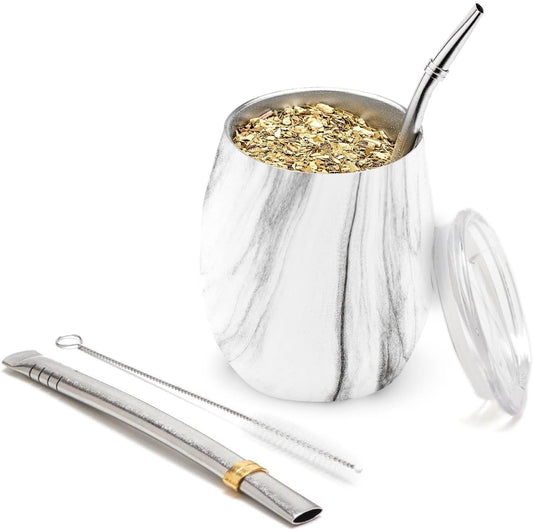 BALIBETOV 5 pcs large Yerba Mate Cup and Bombilla Kit, Includes one 8 oz Yerba Mate Gourd with Lid, Two Bombillas Mate Straw and one cleaning brush (Marble, 8.00)