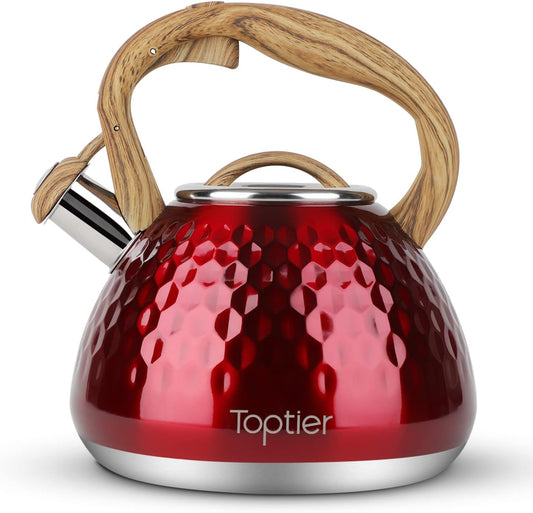 Tea Kettle, Toptier Teapot Whistling Kettle with Wood Pattern Handle Loud Whistle, Food Grade Stainless Steel Tea Pot for Stovetops Induction Diamond Design Water Kettle, 2.7-Quart Red