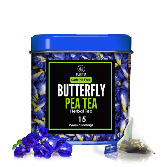 BLUE TEA - Butterfly Pea Flower Tea - 15 Count - Pyramid Plant Based Tea Bag | ANTIOXIDANT RICH | Herbal Tea - Caffeine Free - Detox Tea - Flower Based - Non Bitter | Reusable Tin Pack
