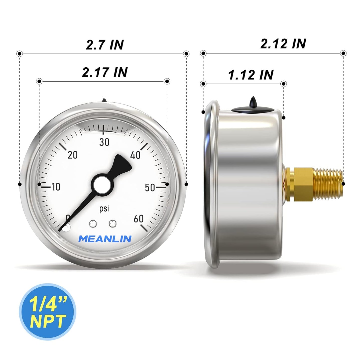 MEANLIN MEASURE 0~60Psi Stainless Steel 1/4" NPT 2.5" Single Scale FACE DIAL, Glycerin Filled Pressure Gauge, Pool Sand Filter, Back Mount, with 1/4" x 1/2" NPT and 1/4" x 3/8" NPT Hex Bushing