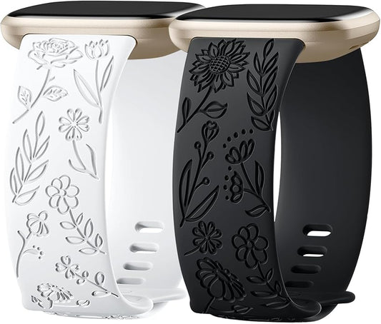 SNBLK 2 Pack Engraved Bands Only Compatible with Fitbit Versa 3/Fitbit Sense/Fitbit Versa 4/Fitbit Sense 2 Bands Four Models, Sunflower Rose Elegant Soft TPU Floral Pattern Replacement Strap Women