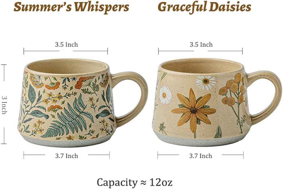 Floral Coffee Cup, 12oz Ceramic Hand Painted Porcelain Mug with Premium Gold Spoon, Cup for Cappuccino, Macchiato, Latte, Cafe, Tea, Unique Gift Idea (Summer's Whispers)