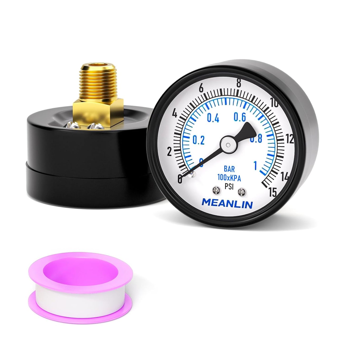 MEANLIN MEASURE 0-15Psi Well Pump Pressure Gauge 1/4" NPT 2" FACE DIAL for Water Oil Air Well Pump Tank Tire Pressure Test Back Mount, with Teflon Tape