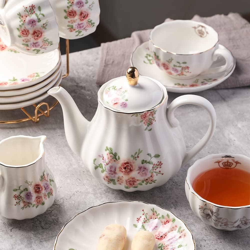 Porcelain Tea Sets British Royal Series, 8 OZ Cups & Saucer Service for 6, with Teapot Sugar Bowl Cream Pitcher Teaspoons and Tea Strainer, Suitable for High Tea, Wedding, Party（Rose Flower）