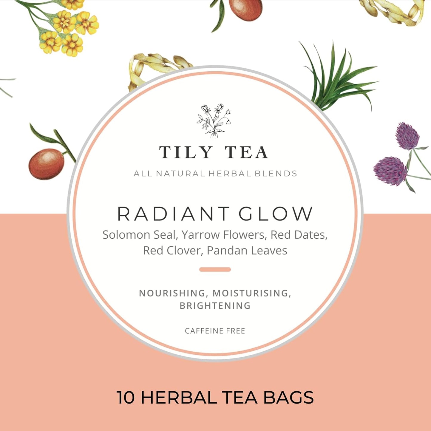 Tily Tea Radiant Glow Herbal Tea - Natural Tea to Support Skin Nourishment - Solomon Seal for A Glowing Complexion - Caffeine Free - 10 Plastic-Free Tea Bags