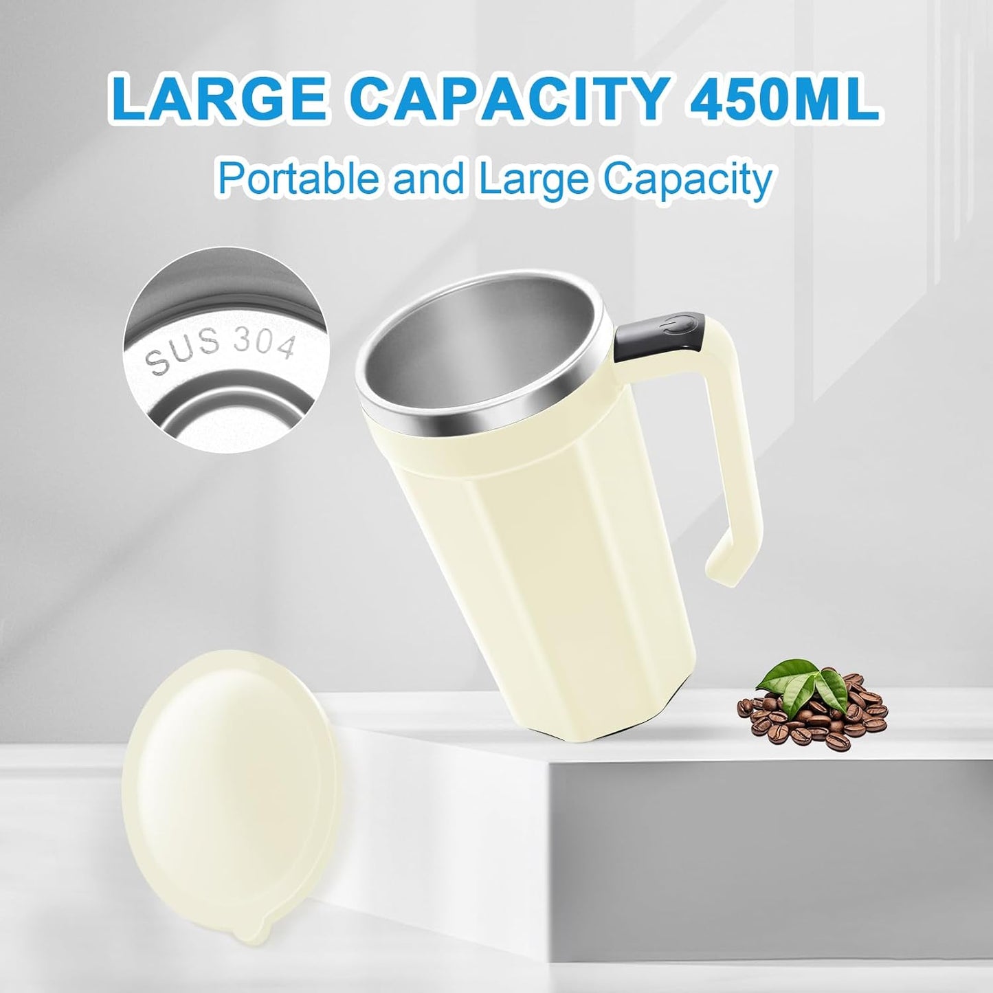 Self Stirring Coffee Mug with Temperature Display, 15oz Automatic Magnetic Mixing Cup, Rechargeable Travel Mug for Coffee, Milk, Cocoa - (White)