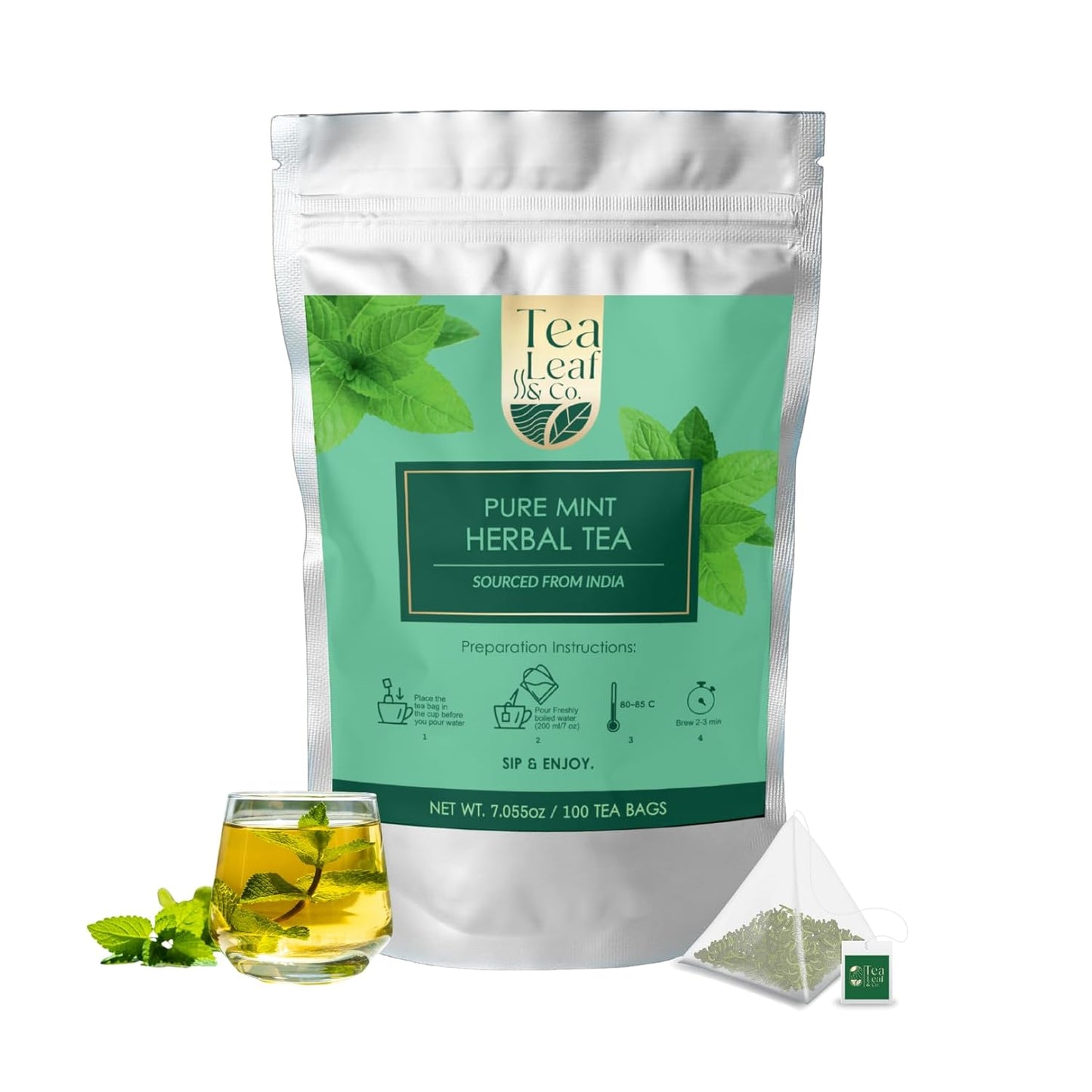Tealeaf & Co. Pure Mint Herbal Tea Bags Blended with Fresh Herbs - Spearmint & Peppermint Tea - Contains Low Caffeine - Gluten Free - 100 Teabags (7.055oz/200gm)