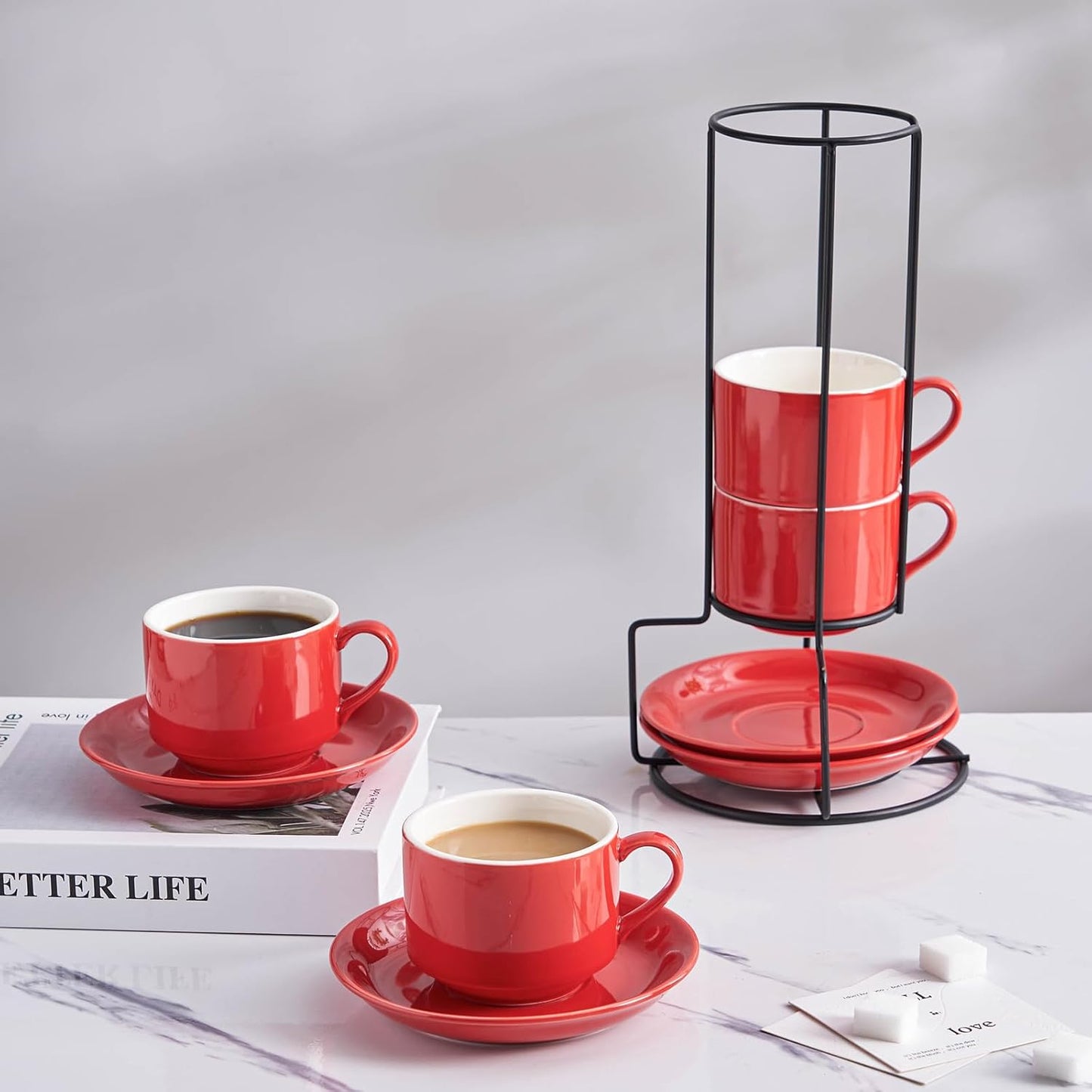 YOLIFE 8oz Porcelain Stackable Cappuccino Cups with Saucers and Metal Stand Set of 4, Coffee cups for Espresso, Specialty Coffee Drinks, Latte, Americano and Tea - Red