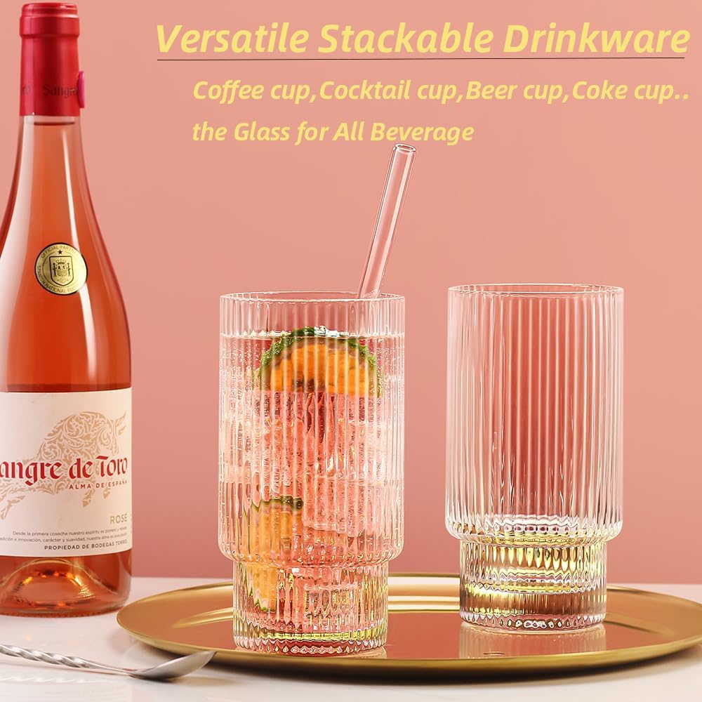 Ribbed Glassware Set of 4, 20oz Origami Style Drinking Glass Cup with Lid and Straw, Iced Coffee, Cocktail, Beer, Juice Stackable Drinking Glasses, Perfect for indoor and outdoor use