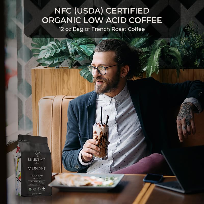 Lifeboost Midnight French Roast Coffee Ground - Non-GMO Single Origin USDA Organic Low Acid Coffee French Roast - Third Party Tested For Mycotoxins & Pesticides - 12 Ounces