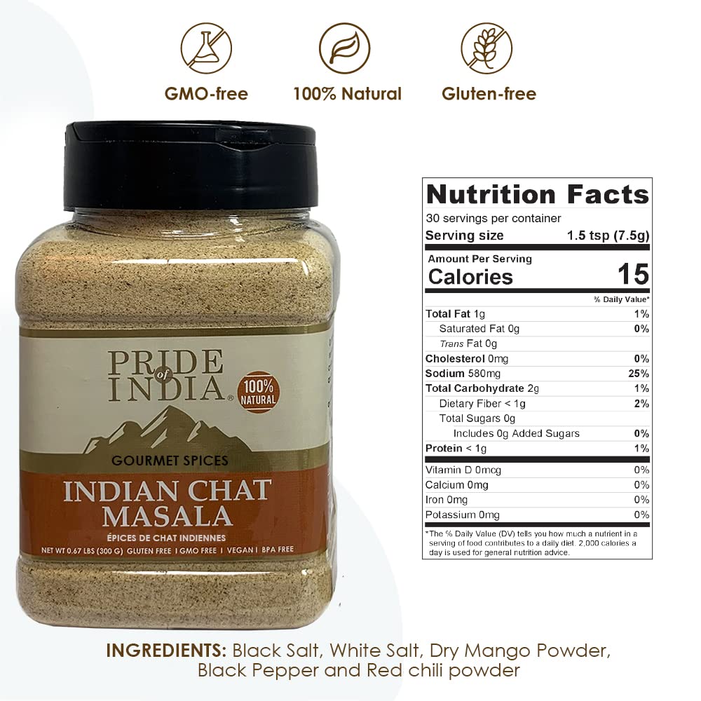 Pride of India – Indian Chat Masala Seasoning Spice – Ideal for Savory Dishes – Perfect Seasoning for Drinks/Salads/Fruits – Preservatives Free – Easy to Store – 8oz. Medium Dual Sifter Jar