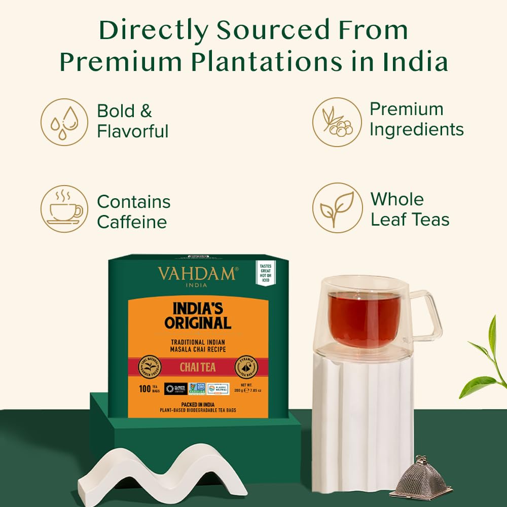 VAHDAM, India's Original Masala Chai Tea Bags (100 Count) No Added Flavoring | Blended w/Exotic Spices | Whole Leaf Tea Bags | Resealable Ziplock Pouch