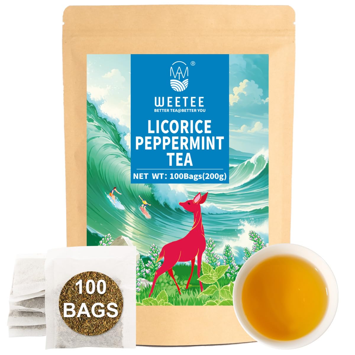 WT WEETEE Licorice Mint Tea Bags 100 Counts, Made 100% Natural & Pure Peppermint & Licorice Root, Naturally Caffeine-free, Sweet & Refreshing