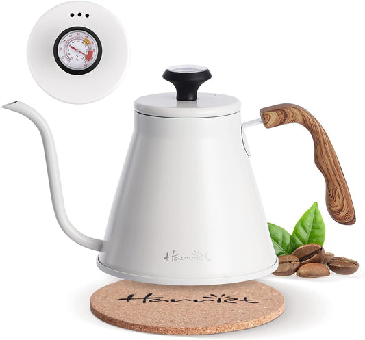 Harriet Gooseneck Kettle with Thermometer for Pour Over Coffee and Tea, 37 fl oz, Stainless Steel, Durable 3-Layer Base, Ideal Spout for Precision Pouring, Compatible with all Stove Tops, White