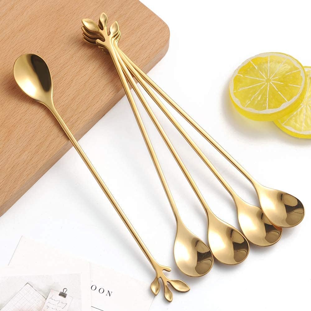 AnSaw 6-Piece Elegant Gold Leaf Long Handle Teaspoons - 7.4" Stainless Steel Stir Spoons for Coffee & Tea, Perfect for Mixing & Stirring