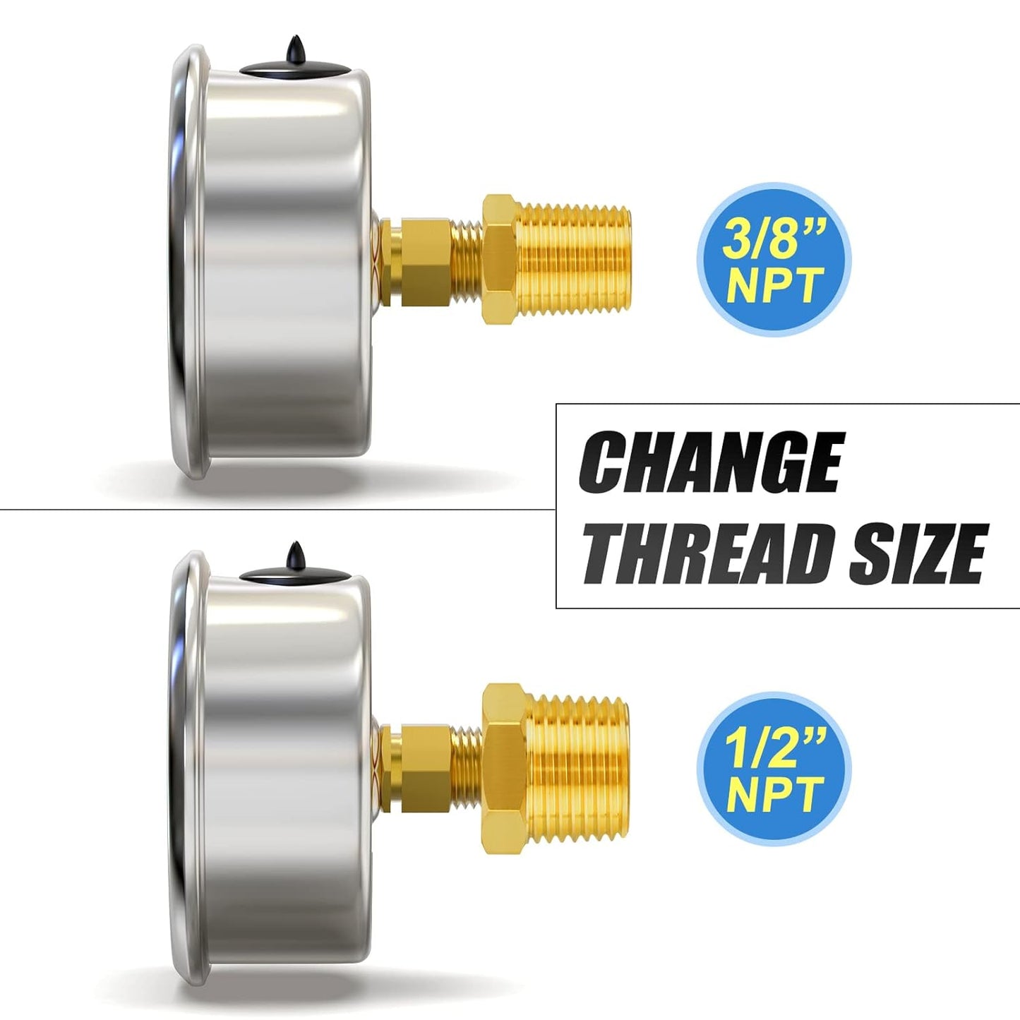 MEANLIN MEASURE 0~60Psi Stainless Steel 1/4" NPT 2.5" Single Scale FACE DIAL, Glycerin Filled Pressure Gauge, Pool Sand Filter, Back Mount, with 1/4" x 1/2" NPT and 1/4" x 3/8" NPT Hex Bushing