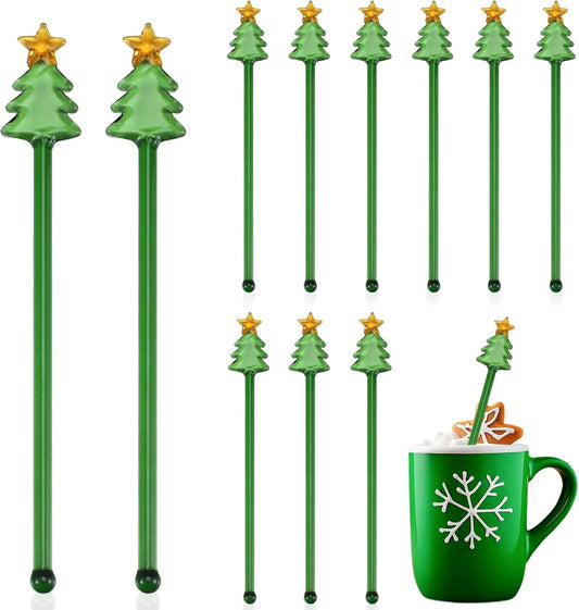 12 Pcs Christmas Glass Drink Stirrers 7 Inch Xmas Stir Sticks Reusable 3D Coffee and Cocktail Stirrers Hot Cocoa Bar Supplies for Holiday Party Favors (Christmas Tree)