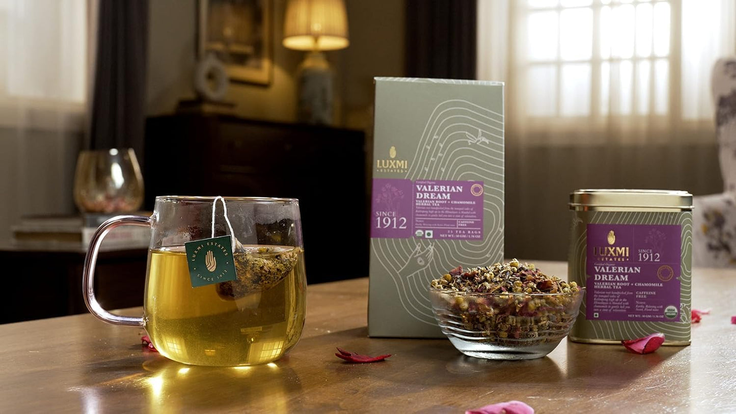 LUXMI Estates Valerian Dream Organic Valerian Root Tea (90 Tea Bags) Caffeine Free Tea Bags for Sleep, Relaxing, Calming, and Stress Relief, with Certified Organic Valerian Root Tea