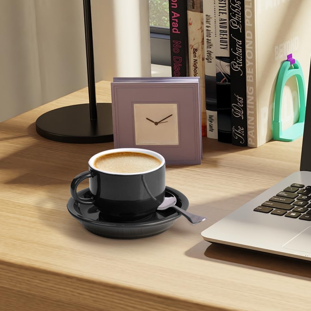 homEdge Premium Espresso Shot Cups and Saucers Set with Espresso Stainless Steel Spoons - 2.5 oz, Set of 4, Black