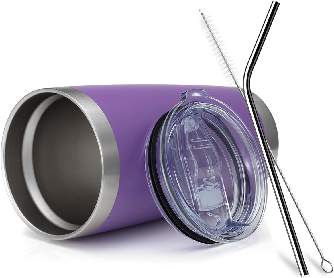 COMOOO 20oz Double Wall Vacuum Insulated Travel Mug, Stainless Steel Tumbler with Lid and Straw Durable Powder Coated Insulated Coffee Cup for Cold & Hot Drinks (Purple, 4 Pack)