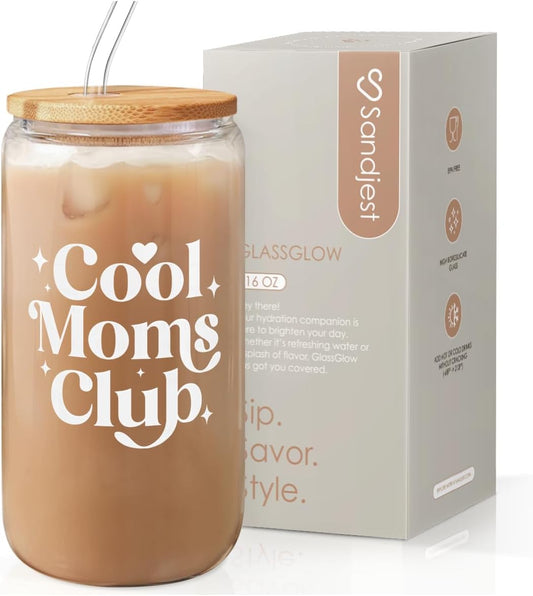 SANDJEST Mom Glass Can, Cool Mom Club Cup with Lid & Straw, Iced Coffee Aesthetic Cups, Idea Gift for Christmas Birthday Mother Day, Gifts for Women, 16oz