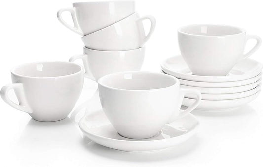 Sweese 6 Ounce Cappuccino Cups with Saucers, Porcelain Double Espresso Cups Set of 6 - White