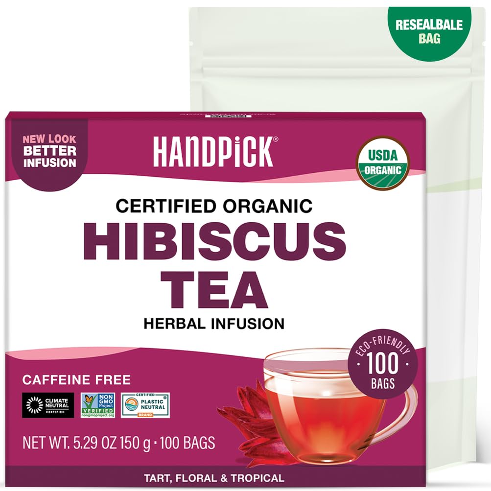 HANDPICK, Organic Hibiscus Tea Bags (100 Tea Bags) | Caffeine-Free, 100% Natural Pure Indian Hibiscus Flowers | Ayurvedic Benefits in every sip