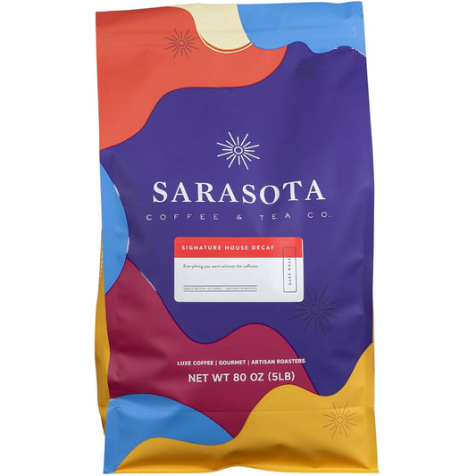 Sarasota Coffee Whole Bean Decaf | Dark Roast Gourmet Decaffeinated Coffee Beans | Low Acid, Mold Free, Specialty Grade Bulk Beans | 5lb (80 oz)