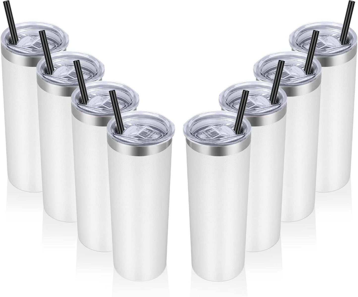 VEGOND Stainless Steel Tumblers Bulk 8 Pack, 20 oz Vacuum Insulated Skinny Tumblers with Lid and Straw, Double Wall Coffee Mug, Travel Water Cup, White