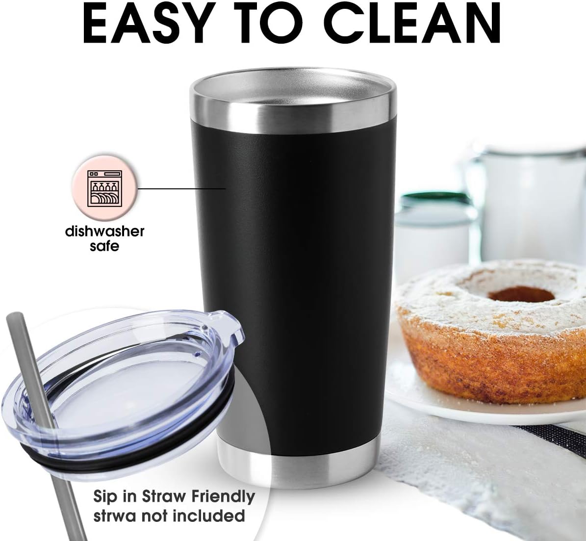 HASLE OUTFITTERS 20oz Tumblers Bulk Stainless Steel Cups with Lid Double Wall Vacuum Insulated Coffee Mugs for Cold & Hot Drinks 1 Pack, Black