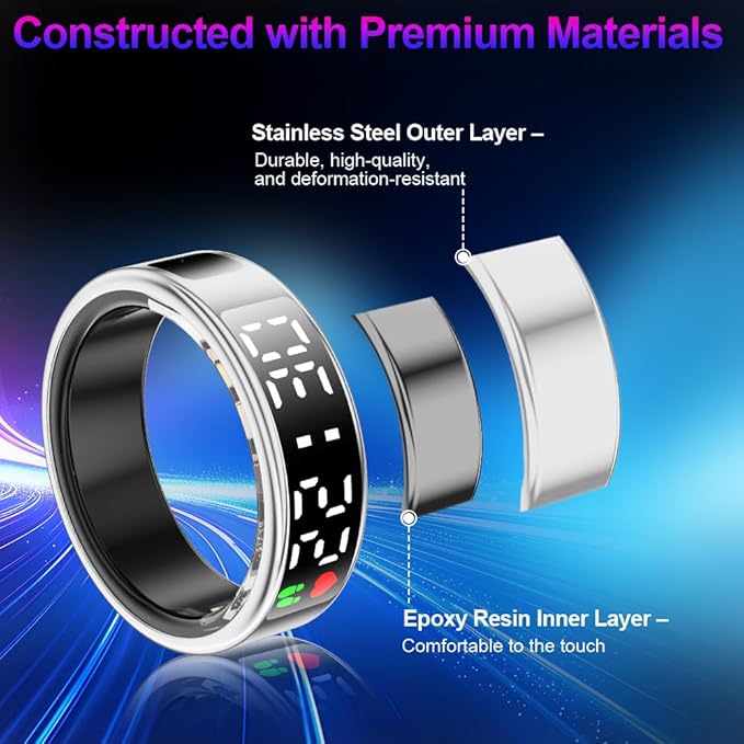 Smart Ring Health Tracker with Display Screen & Touch Button, Bluetooth Connection Health Ring for Women Men, Tracks Heart Rate/Blood Oxygen/Sleep/Steps/Sports Activities, IP68 Waterproof