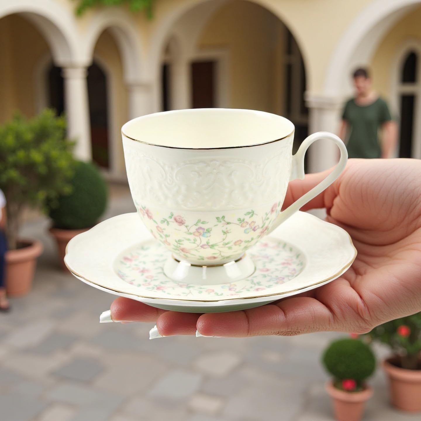 TATSUMI Interglio Embossed Bone China Tea Cup and Saucer Set, 3 Pieces Vintage Style Coffee Cup & Saucer Set For Women Wedding Gift (Starlight Pink, 1 set)
