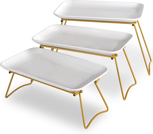 HAPPY KIT 3 Tier Serving Tray Set with Gold Freely Combinable Rack,12 Inch Tiered Tray Stand,Widened Porcelain Platters,Decor Cupcake Stand for Christmas Party Display,Dessert Trays Collapsible