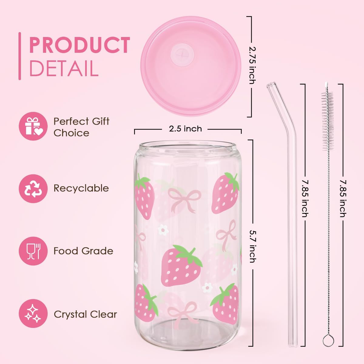 Strawberry 16 Oz Can Glass Tumbler with Acrylic Lid and Straw - Iced Coffee Cups for Women, Aesthetic Glass Cup Gift for Birthday Christmas