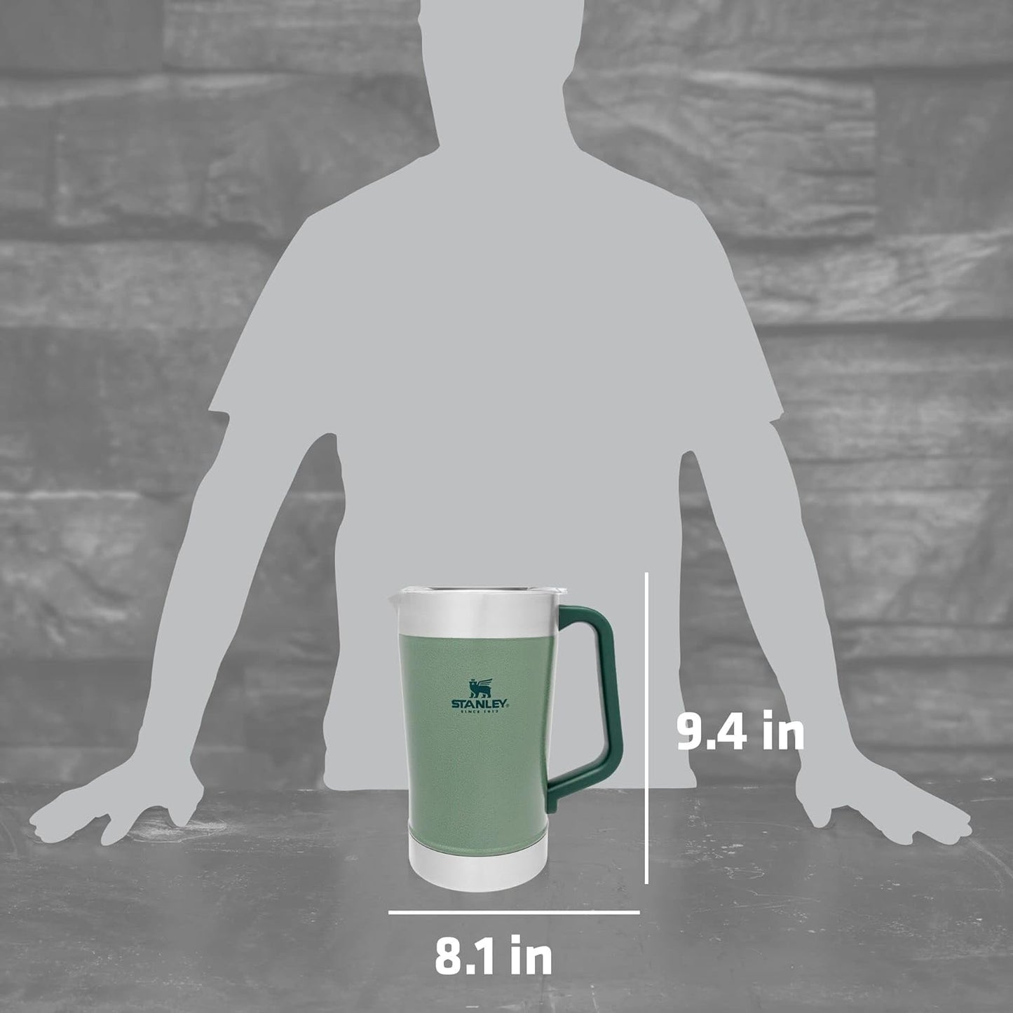 Stanley Stay-Chill Pitcher 64 oz | Cold Water, Beer, and Drink Pitcher with Lid | Large Capacity Durable Beverage Container with Handle | Insulated Stainless Steel | BPA-Free | Hammertone Green
